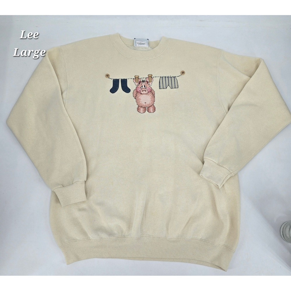 Vintage 90s Lee Pig Laundry Line Cross Stitch Sweatshirt Cottagecore Large